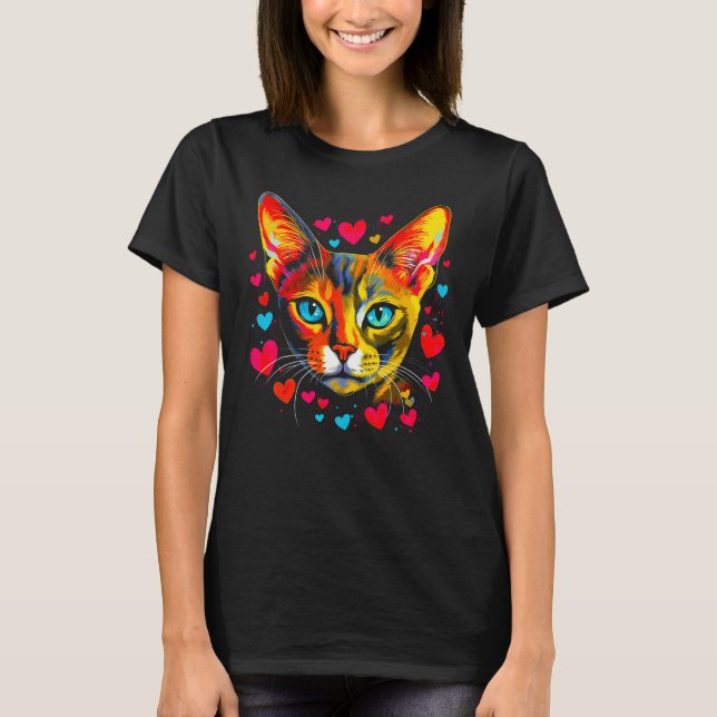 Abyssinian Cat Blue Pink Red Heart T-Shirt (Vorderseite)