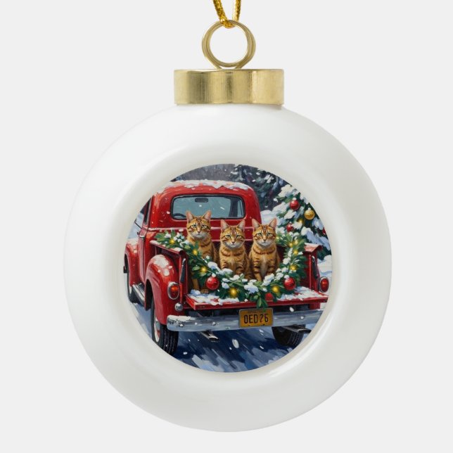 Abyssinian Cat Christmas Red Truck Holiday Keramik Kugel-Ornament (Vorderseite)