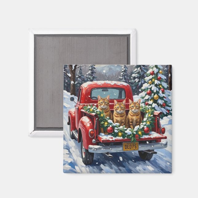 Abyssinian Cat Christmas Red Truck Holiday Magnet (Vorderseite/Rückseite)