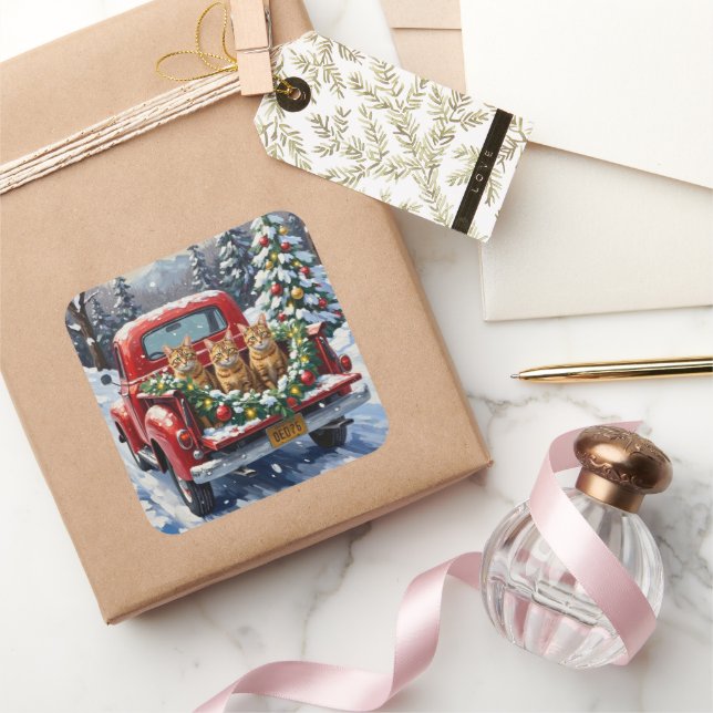 Abyssinian Cat Christmas Red Truck Holiday Quadratischer Aufkleber (Schenken)