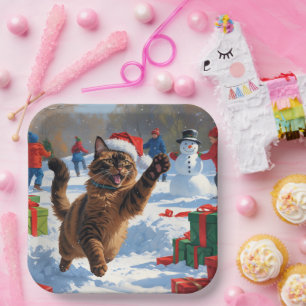 Abyssinian Cat Weihnachtsfest Schneeszene Pappteller