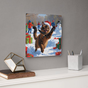 Abyssinian Cat Weihnachtsfest Schneeszene Quadratische Wanduhr