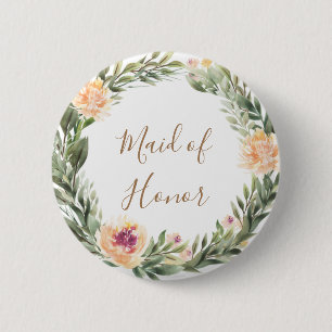 Abzeichen aus Peony and Foliage Frame Bridesmaid Button
