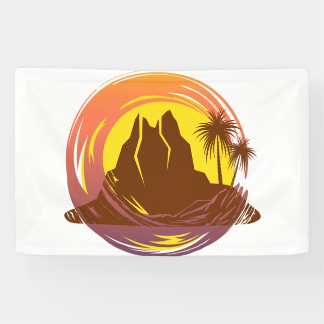 Abzeichen mit tropischer Vulkanlandschaft und Palm Banner (Horizontal)
