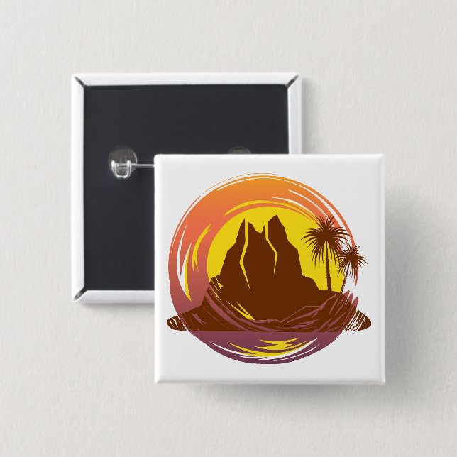 Abzeichen mit tropischer Vulkanlandschaft und Palm Button (Vorne & Hinten)