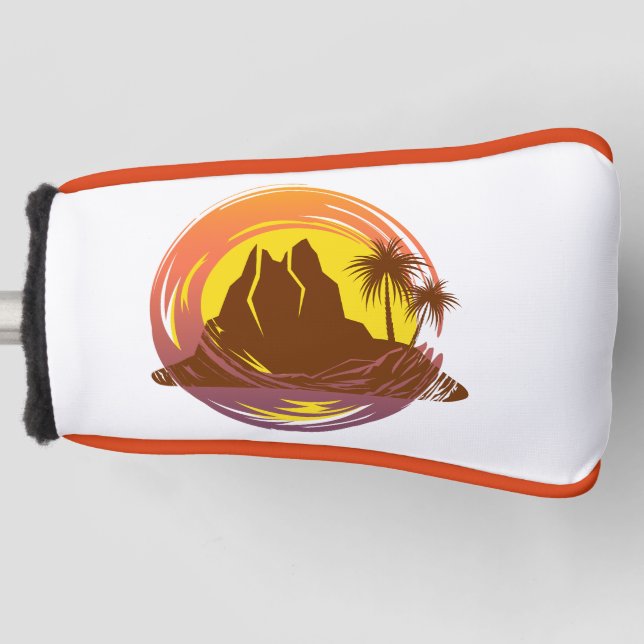 Abzeichen mit tropischer Vulkanlandschaft und Palm Golf Headcover (Vorderseite)