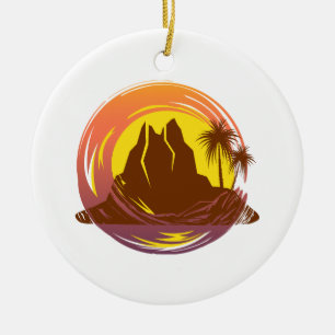 Abzeichen mit tropischer Vulkanlandschaft und Palm Keramik Ornament