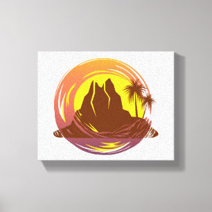 Abzeichen mit tropischer Vulkanlandschaft und Palm Leinwanddruck