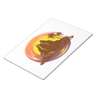Abzeichen mit tropischer Vulkanlandschaft und Palm Notizblock