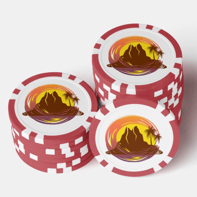 Abzeichen mit tropischer Vulkanlandschaft und Palm Pokerchips (Stapel)