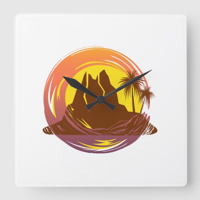 Abzeichen mit tropischer Vulkanlandschaft und Palm Quadratische Wanduhr (Vorderseite)