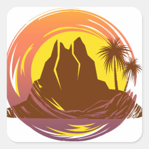 Abzeichen mit tropischer Vulkanlandschaft und Palm Quadratischer Aufkleber