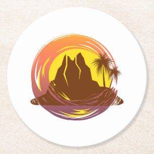 Abzeichen mit tropischer Vulkanlandschaft und Palm Runder Pappuntersetzer