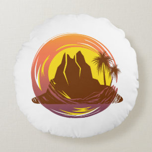 Abzeichen mit tropischer Vulkanlandschaft und Palm Rundes Kissen