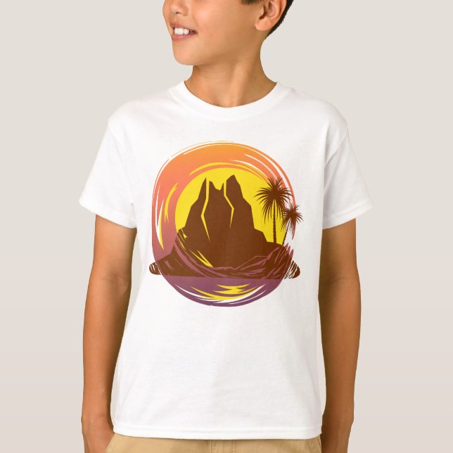 Abzeichen mit tropischer Vulkanlandschaft und Palm T-Shirt (Vorderseite)