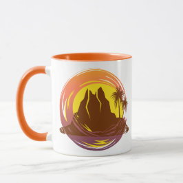 Abzeichen mit tropischer Vulkanlandschaft und Palm Tasse