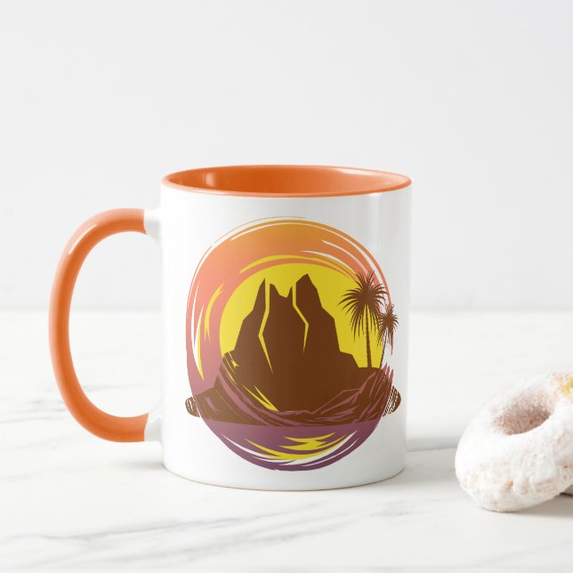 Abzeichen mit tropischer Vulkanlandschaft und Palm Tasse (Mit Donut)