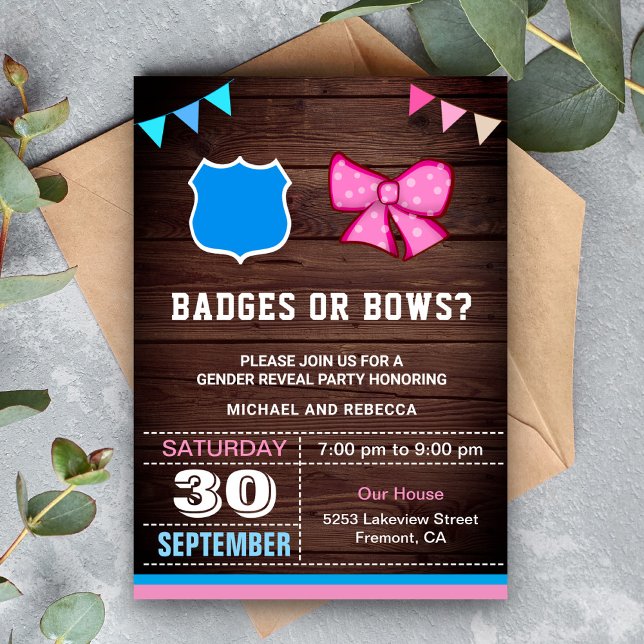 Abzeichen oder Bows Gender Reveal Party Einladung (Von Creator hochgeladen)
