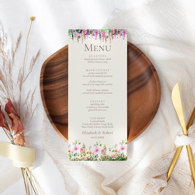 Acacia romantique et menu Mariage (Romantic Acacia and Wildflowers Wedding Menu on a boho wedding table.)