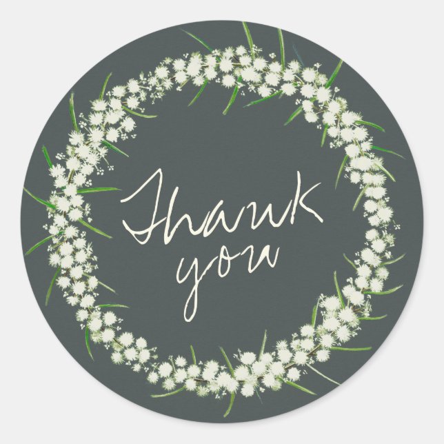 Acacia Wattle Wreath Hochzeit danke Runder Aufkleber (Vorderseite)