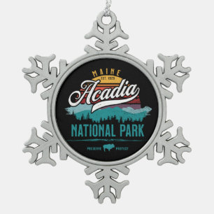ACADIA NATIONAL PARK RETRO SUNSET HALTEN FERIENWOH SCHNEEFLOCKEN Zinn-Ornament