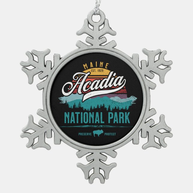 ACADIA NATIONAL PARK RETRO SUNSET HALTEN FERIENWOH SCHNEEFLOCKEN Zinn-Ornament (Vorderseite)