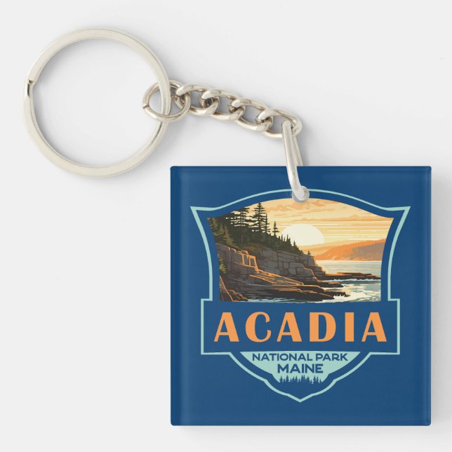 Acadia Nationalpark Illustration Retro Abzeichen Schlüsselanhänger (Vorderseite)