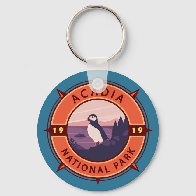 Acadia Nationalpark Puffin Retro Kompass Emblem Schlüsselanhänger (Vorderseite)