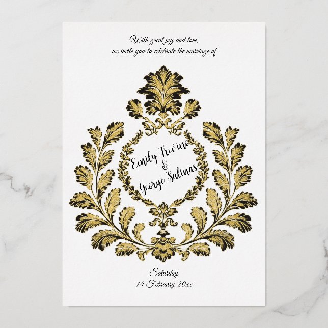 Acanthus & Antiquity, Gold und Schwarz, Folieneinladung (Vorderseite)