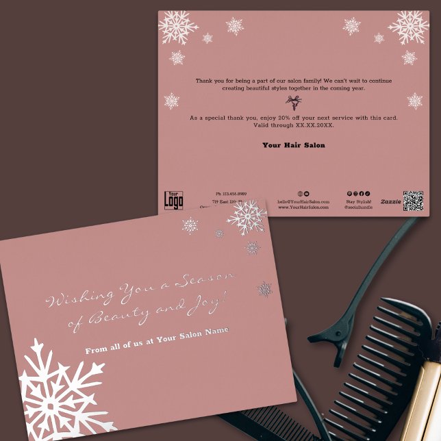Accents à huile d'argent Snowflakes Carte de vacan (Silver Foil Accents Snowflakes Pink Holiday Card)