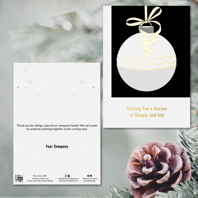 Accessoires d'huile noire et blanche Carte de vaca (Black & White Foil Accents Business Holiday Card, Christmas Tree Bauble, Company Details)