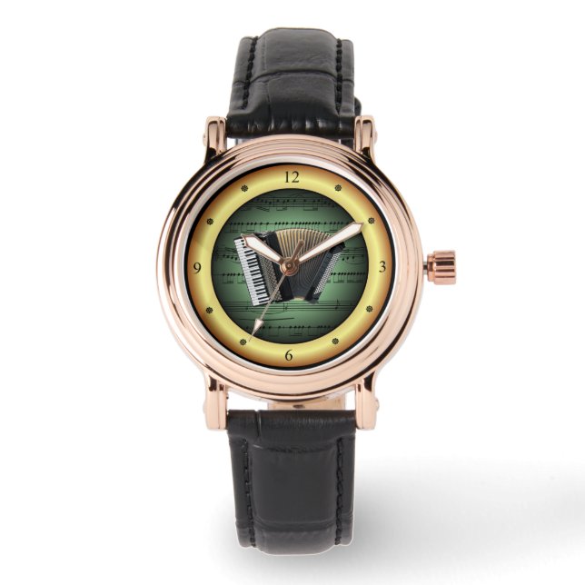 Accordion auf Sheet Music~Green on Gold Background Armbanduhr (Vorderseite)