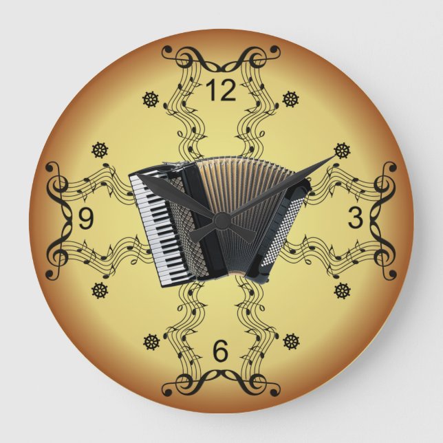 Accordion ~ Musical Scroll ~ Golden Background ~ Große Wanduhr (Vorderseite)