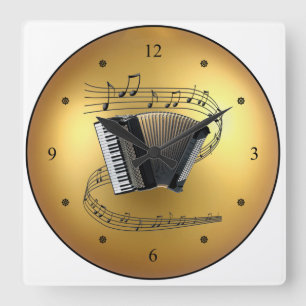 Accordion~Musical Scroll~Golden Globe Background ~ Quadratische Wanduhr