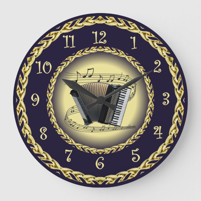 Accordion ~ Musikalische Scroll ~ Gold/Navy Blue ~ Große Wanduhr (Vorderseite)