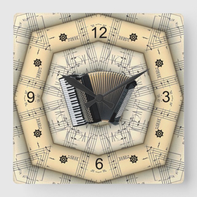 Accordion ~ Strange Musical Design ~ Unique ~ Quadratische Wanduhr (Vorderseite)