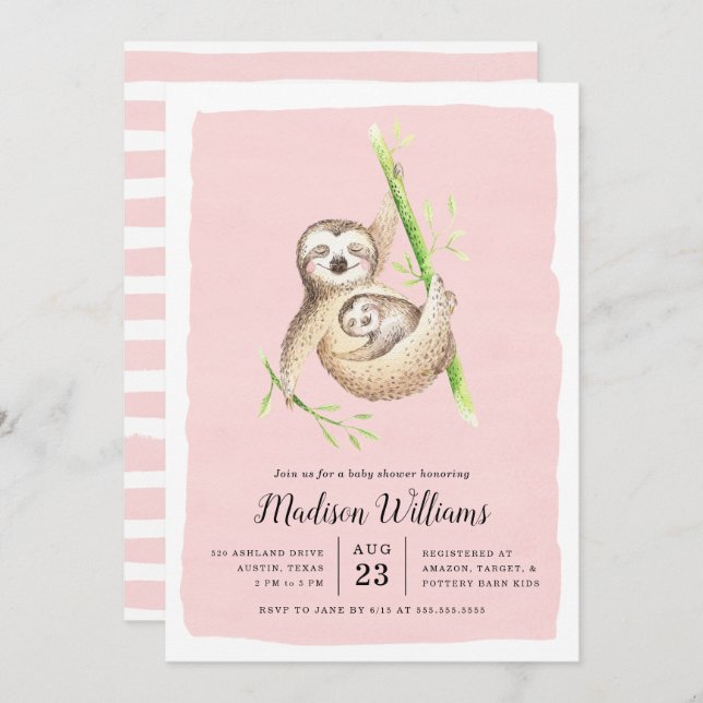 Accroché | Sloth Baby Shower Invitations (Devant / Derrière)