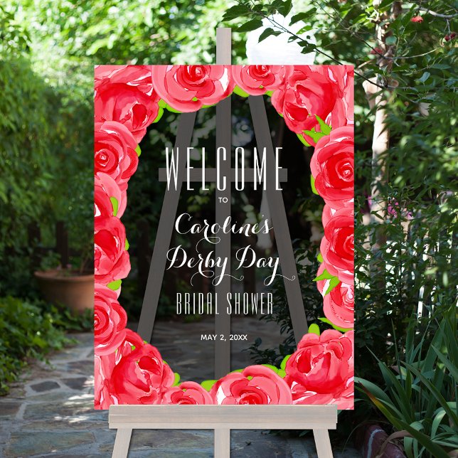Accueil de la Fête des mariées de style Roses roug (Red Roses Derby Style Bridal Shower Smoky Transparent Black Acrylic Welcome Sign)