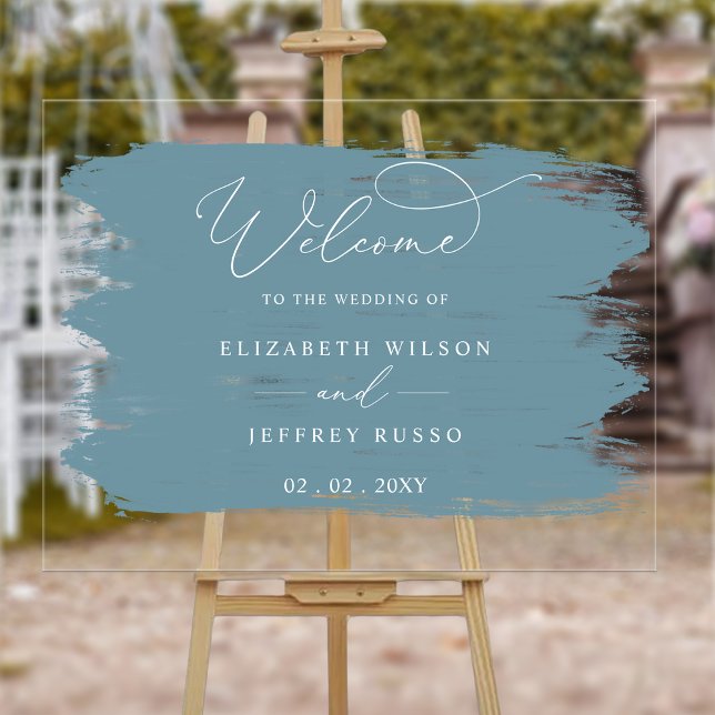 Accueil du Mariage de la brosse bleu poussiéreux (Dusty Blue Brush Strokes Wedding Welcome Acrylic Sign
)