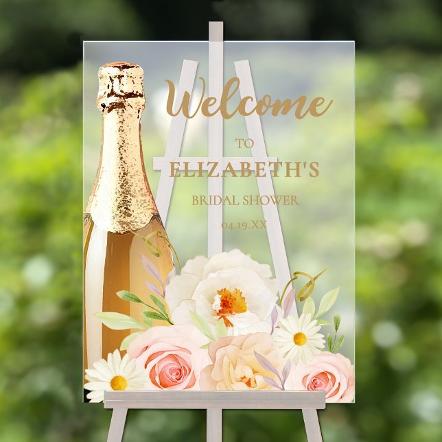 Accueil Fête des mariées rose aquarelle (Brunch and bubbly watercolor floral bridal shower welcome acrylic sign)