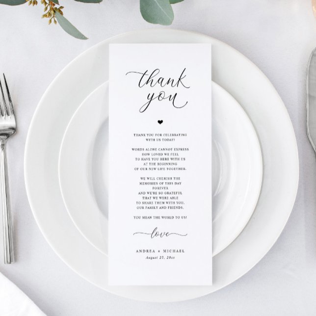 Accueil Mariage Merci Cartes Élégant Romantique (Elegant Romantic Wedding Menus for Reception Tables or Plates - Modern Minimalist Black and White)