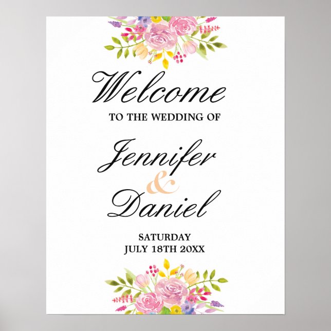 Accueil Poster Mariage Rose Floral Réception (Devant)
