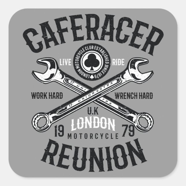 Ace Cafe Racer Wiedersehen arbeiten harte, harte F Quadratischer Aufkleber (Vorderseite)