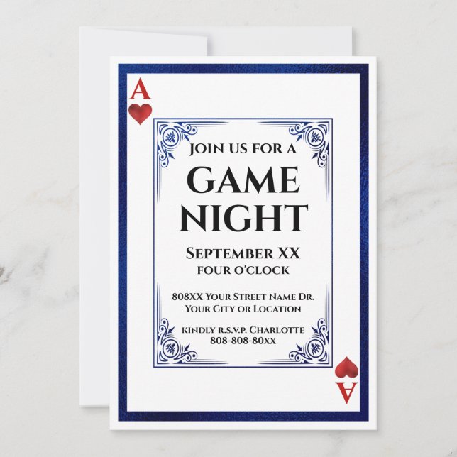 Ace of Hearts Blue Game Night Play Card Einladung (Vorderseite)