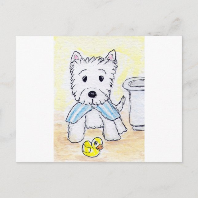 ACEO DRUCKWESTIE BATHTIME ORIGIANL POSTKARTE (Vorderseite)