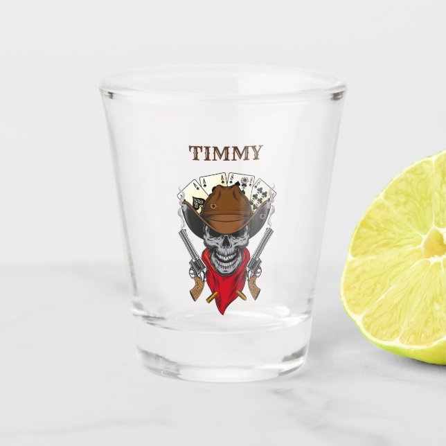 Aces n Acht Tote Mann Cowboy Schädel mit Namen Schnapsglas (Vorderseite)