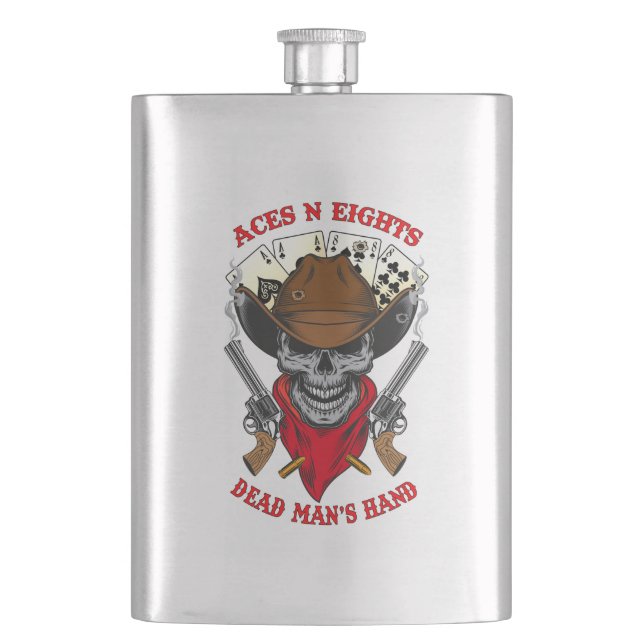 Aces n Acht Tote Mann Hand Cowboy Skull Flachmann (Vorderseite)