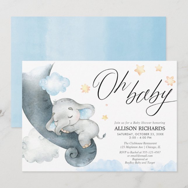Ach, Baby-Junge Elefantenblauer, gelbe Babydusche Einladung (Vorne/Hinten)