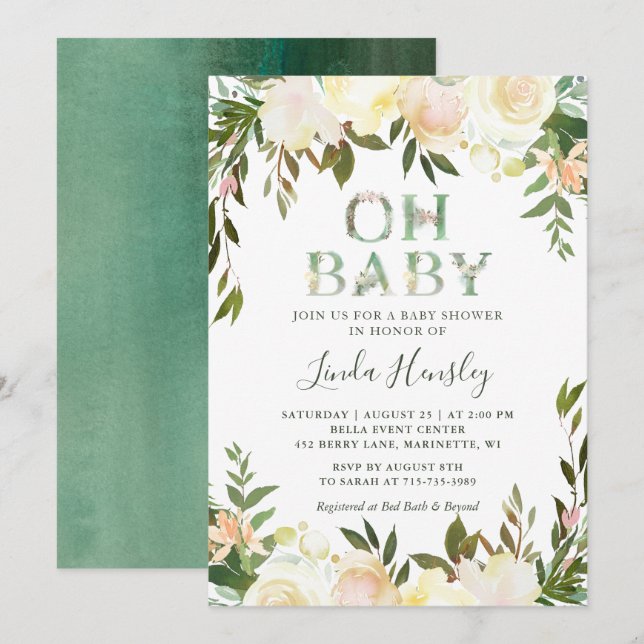 Ach Babydusche Typografie Blumengrün Weiß Einladung (Vorne/Hinten)