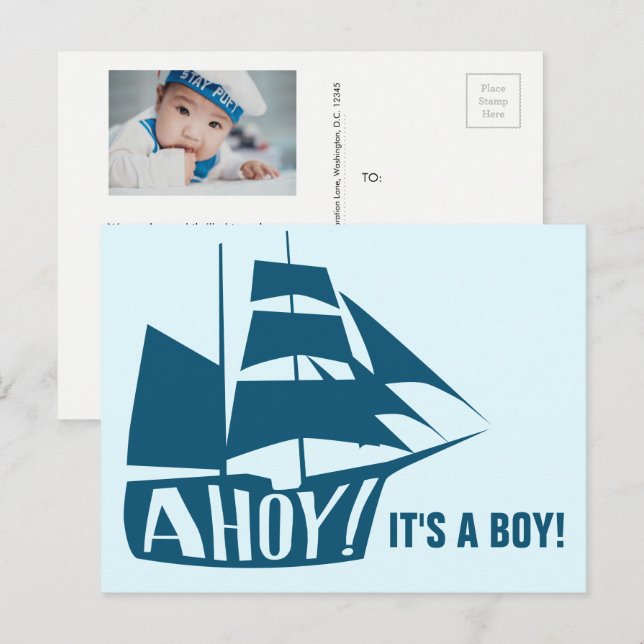 Ach, das ist ein Junge! Blue Nautical Themed Baby  Postkarte (Vorne/Hinten)